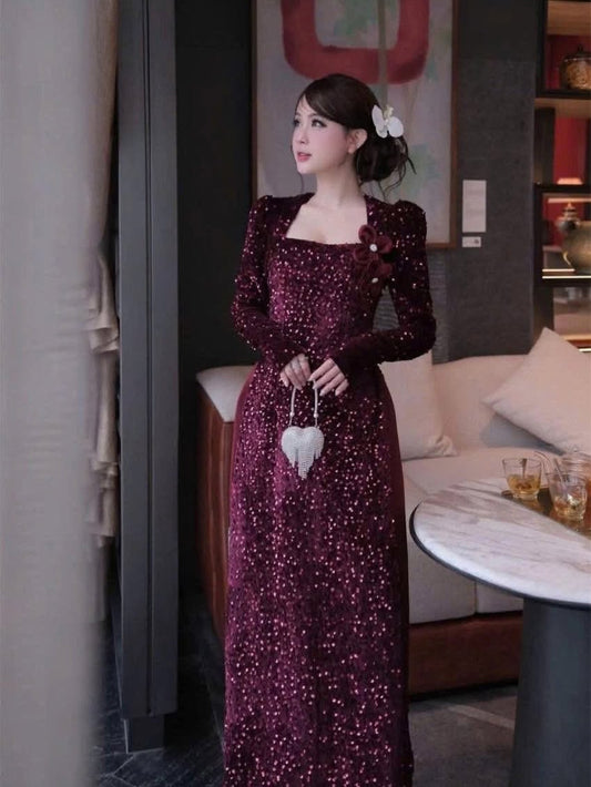 Sequin Embellished Formal Ao Dai Set – Metallic Silver
