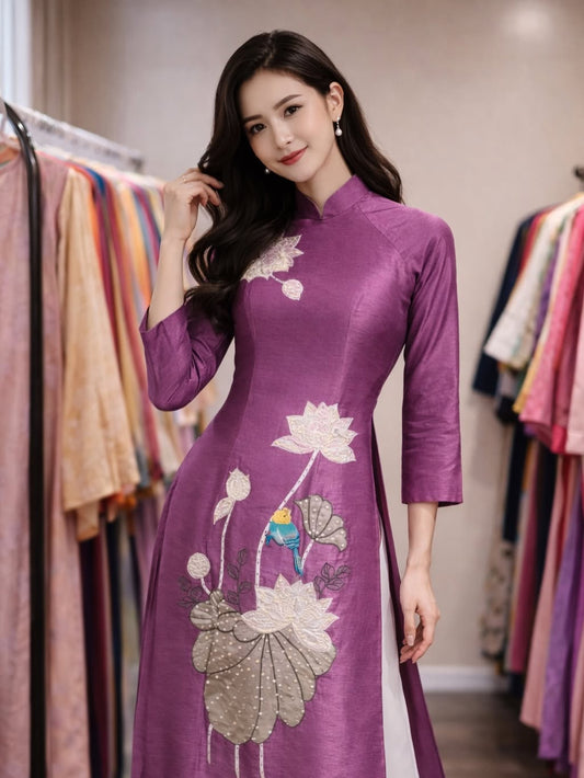 Traditional Silk Ao Dai Set – Plum Purple