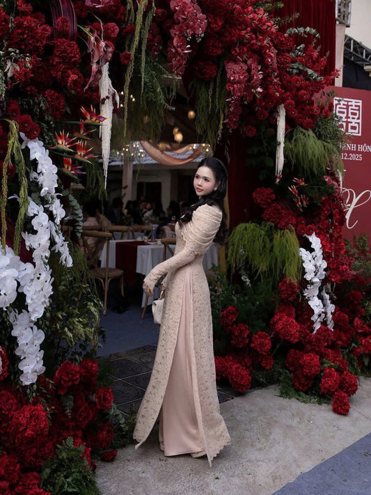Lace Formal Ao Dai Set – Nude / Off-White