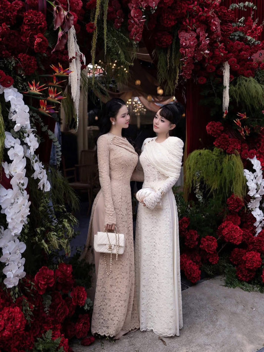 Lace Formal Ao Dai Set – Nude / Off-White