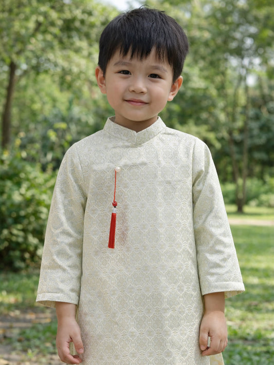 Boys' Traditional Silk Ao Dai Set – Cream & Sage Green