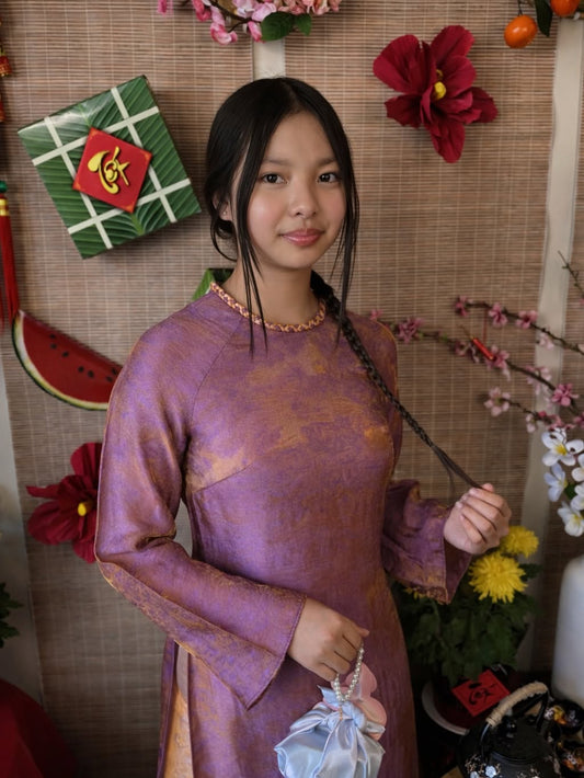 Modern Relaxed-Fit Tencel Silk Ao Dai Set – Purple-Pink