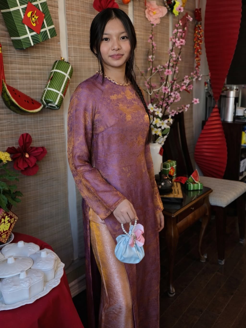 Modern Relaxed-Fit Tencel Silk Ao Dai Set – Purple-Pink