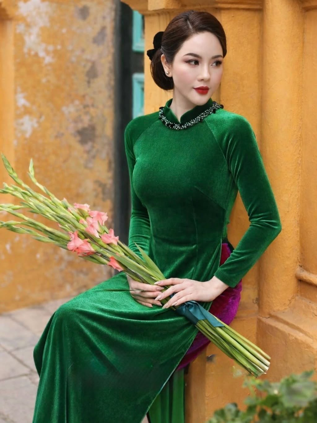 Velvet Formal Ao Dai Set – Deep Forest Green