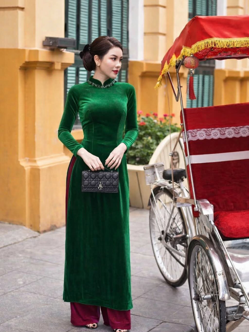 Velvet Formal Ao Dai Set – Deep Forest Green
