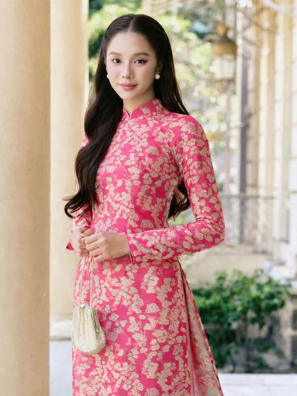 Traditional Brocade Ao Dai Set – Dusty Pink