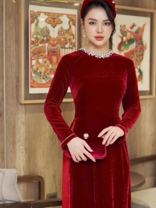 Crystal-Collar Velvet Ao Dai Set – Crimson Red