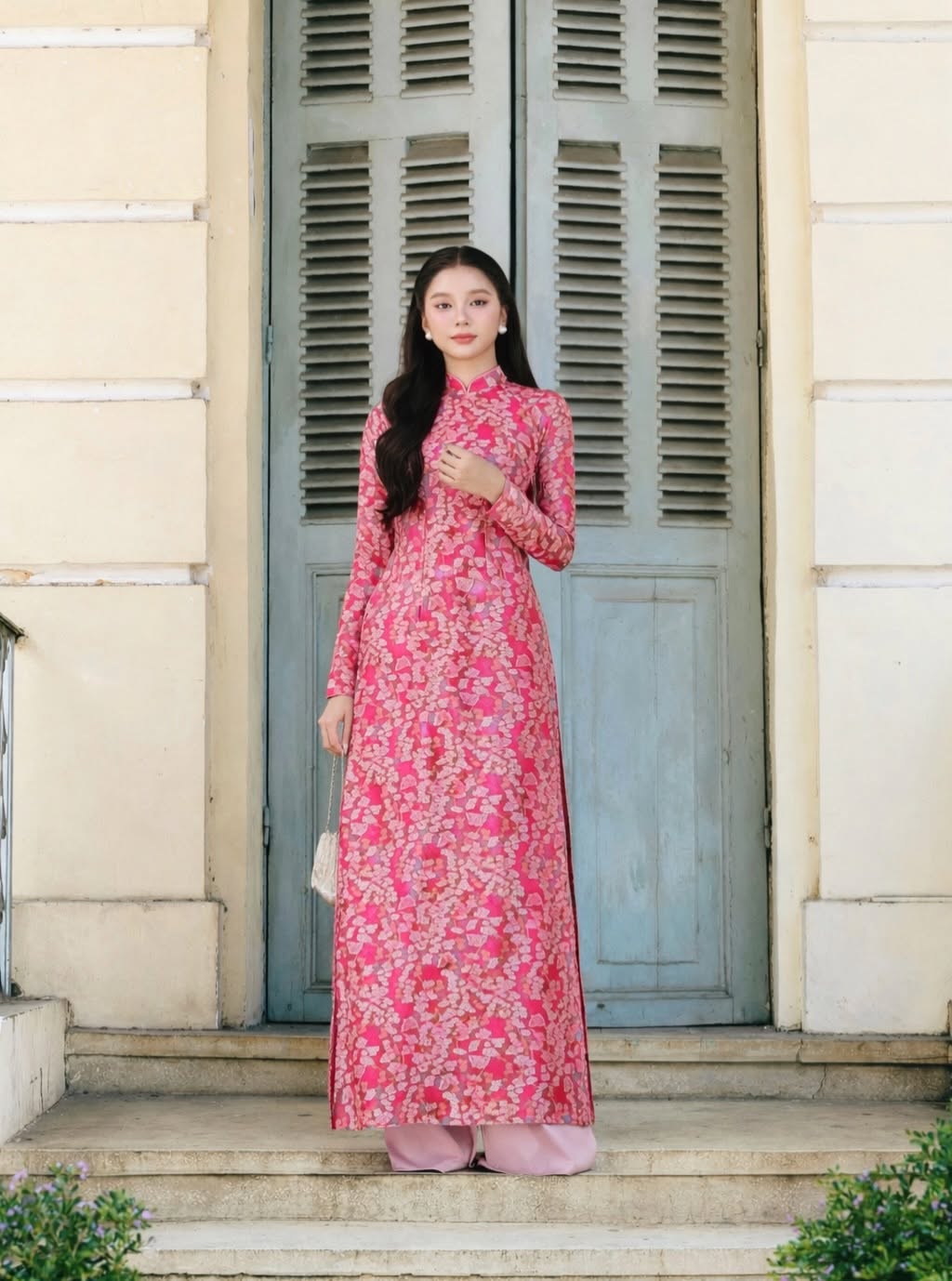 Traditional Brocade Ao Dai Set – Dusty Pink