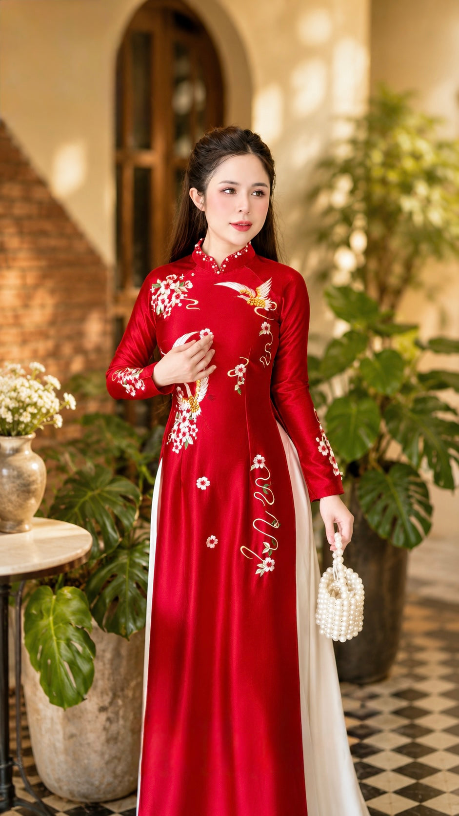 Sleeve-Embroidered Crepe Ao Dai Set – Dusty Rose