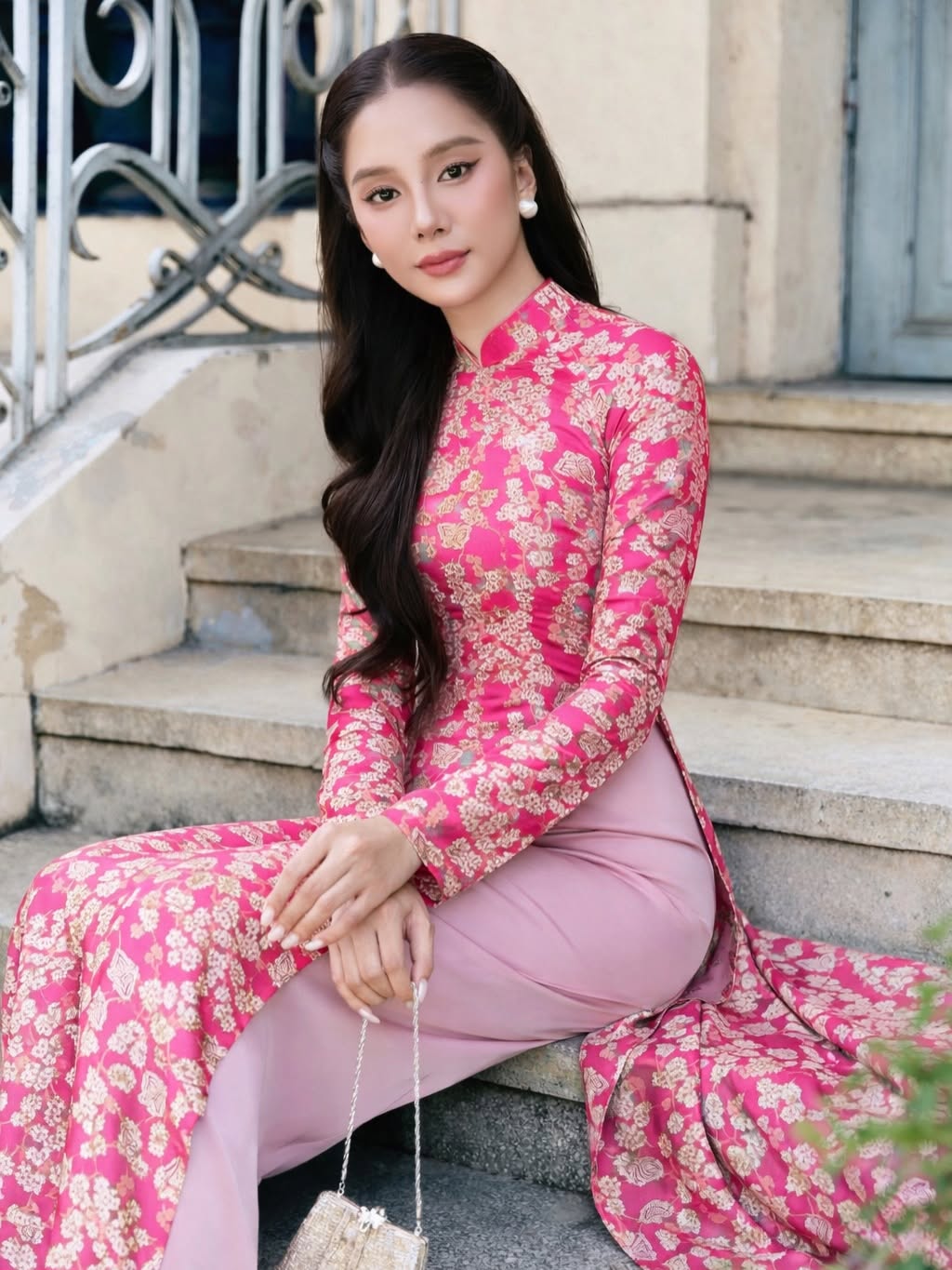 Traditional Brocade Ao Dai Set – Dusty Pink
