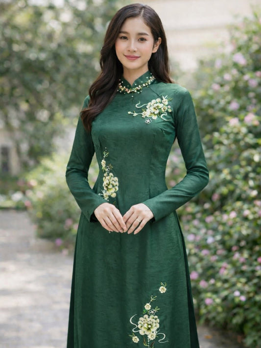 Crystal-Embellished Formal Ao Dai Set – Emerald Green