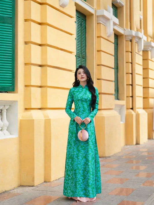 Embossed Floral Silk Ao Dai Set – Royal Blue