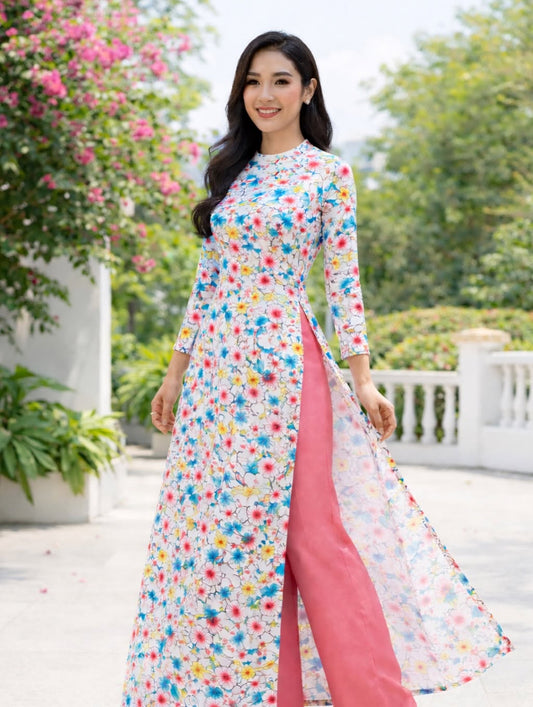 Kim Sa Phú Quý Traditional Floral Ao Dai Set – Multi-Color
