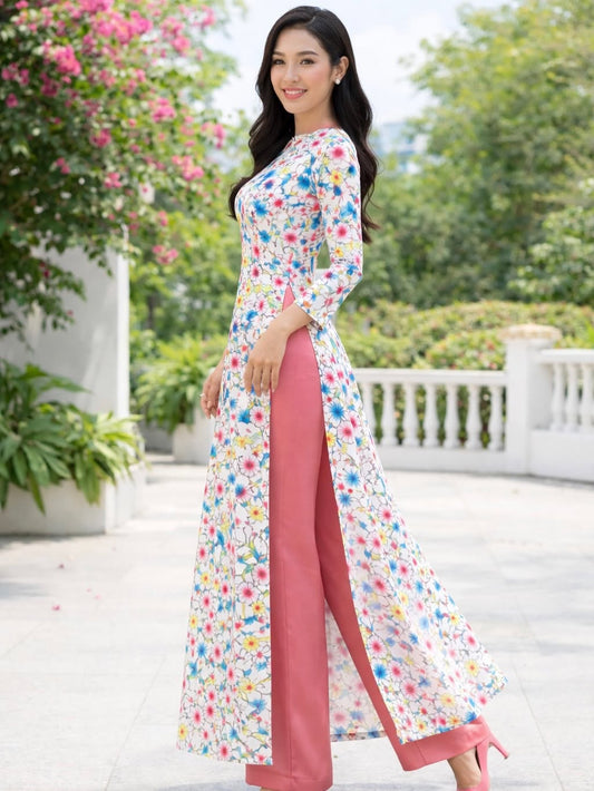 Kim Sa Phú Quý Traditional Floral Ao Dai Set – Multi-Color