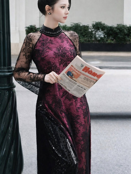 Modern Lace Ao Dai Set with Shimmering Pants – Midnight Black