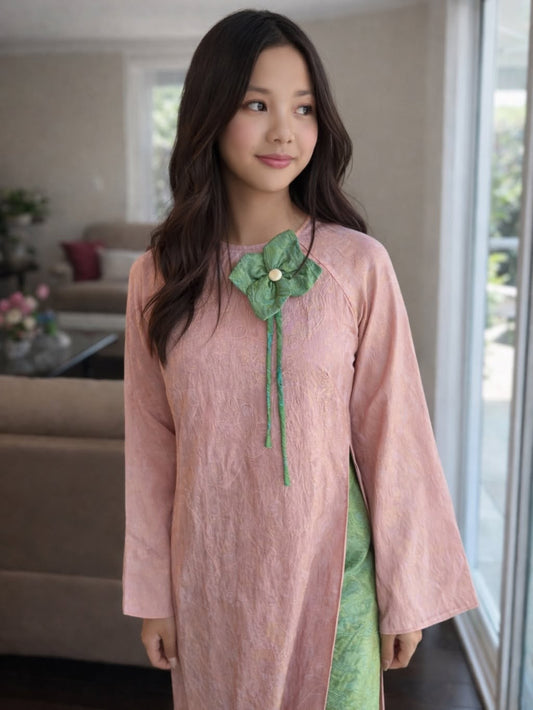 Modern Floral Tencel Silk Ao Dai Set – Pink & Green