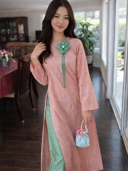 Modern Floral Tencel Silk Ao Dai Set – Pink & Green