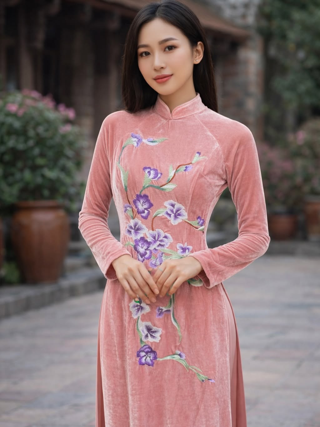 Embroidered Velvet Ao Dai Set – Blush Pink