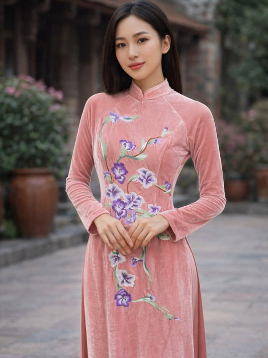 Embroidered Velvet Ao Dai Set – Blush Pink