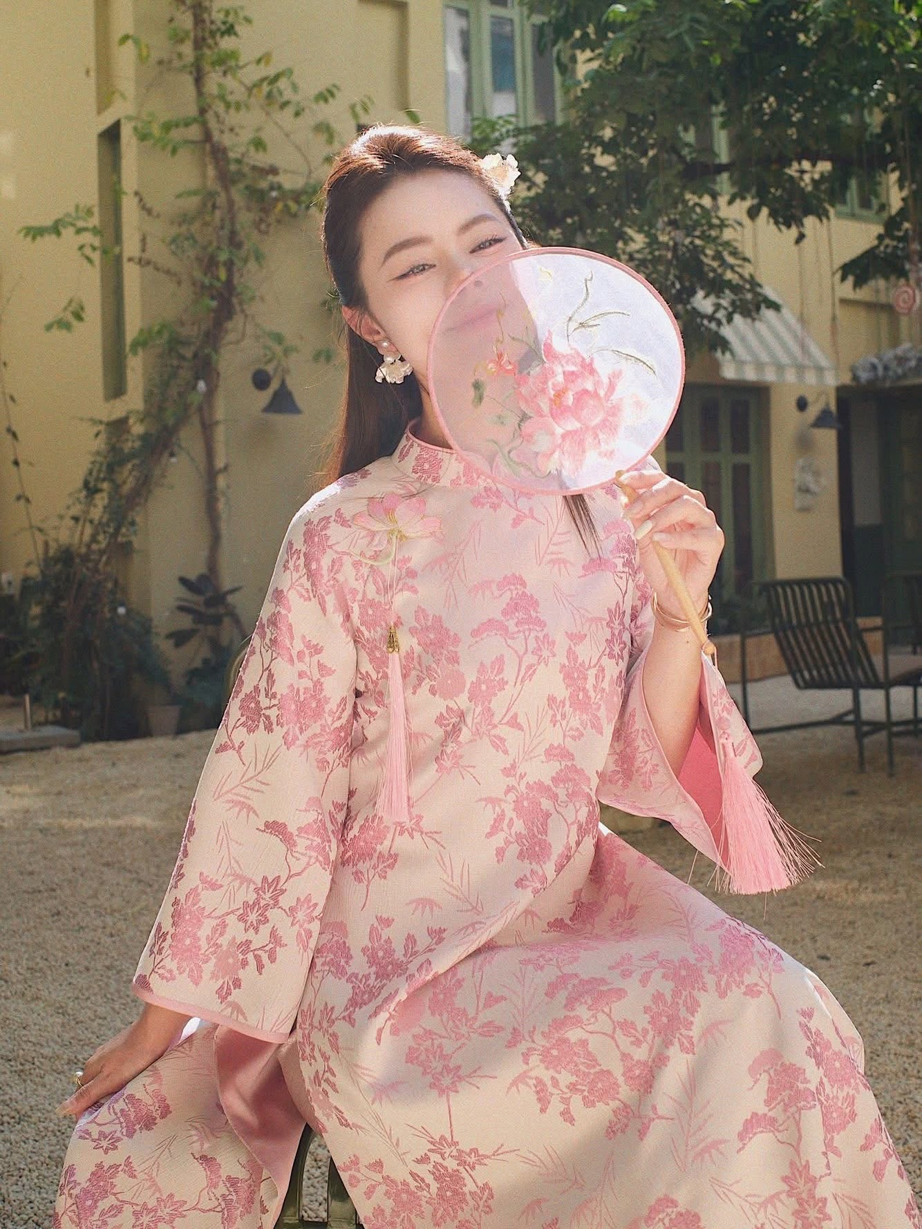 Brocade Ao Dai Set with Shimmering Pants – Rose Pink