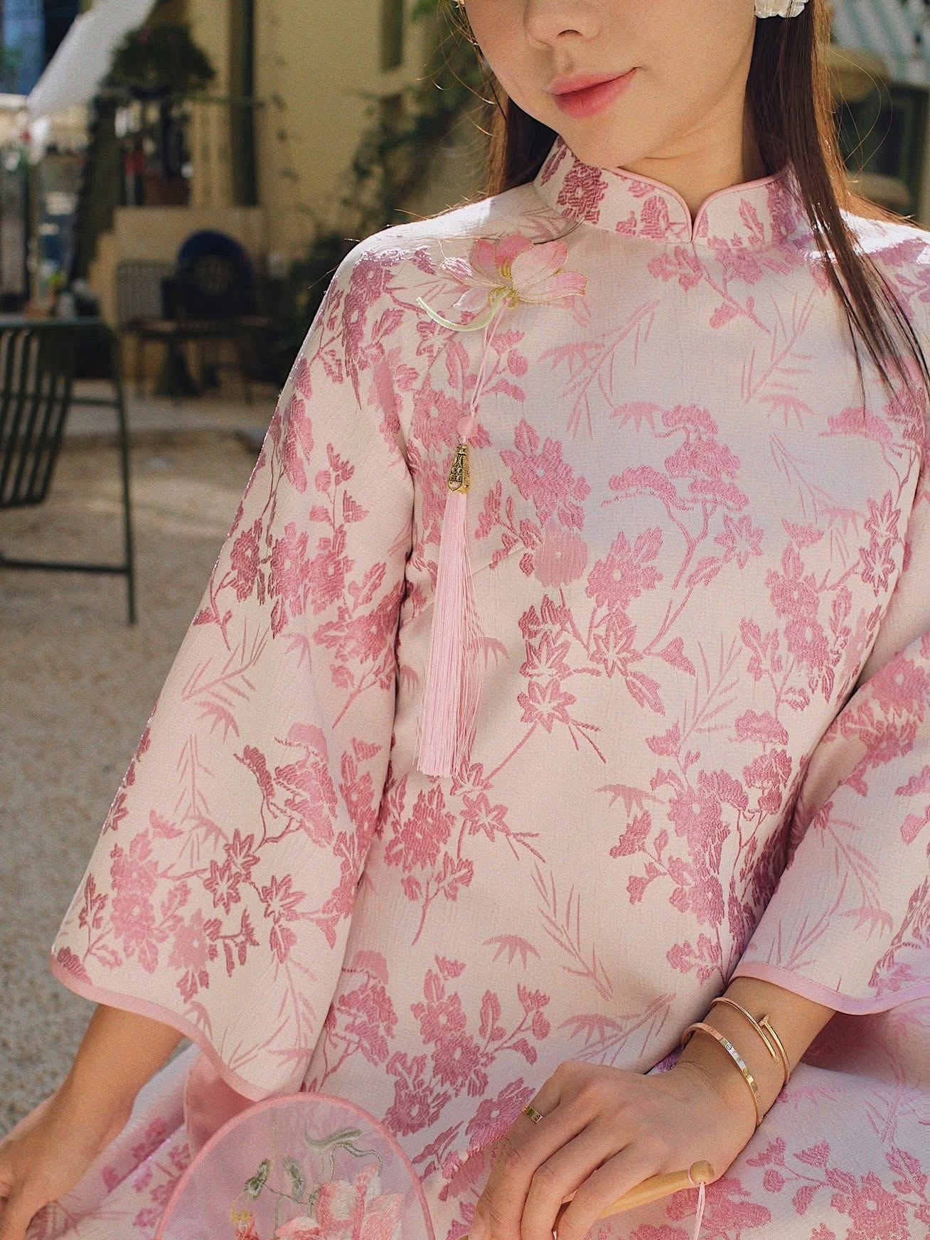 Brocade Ao Dai Set with Shimmering Pants – Rose Pink