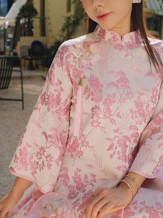 Brocade Ao Dai Set with Shimmering Pants – Rose Pink