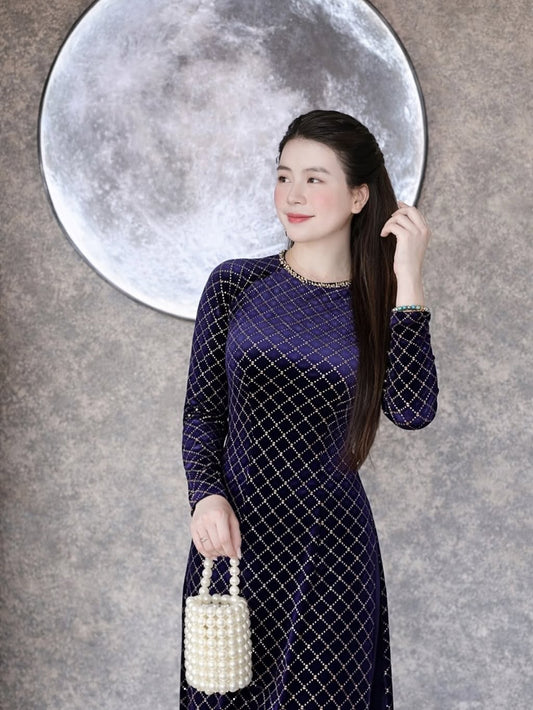 Velvet Formal Ao Dai Set – Dark Navy Blue