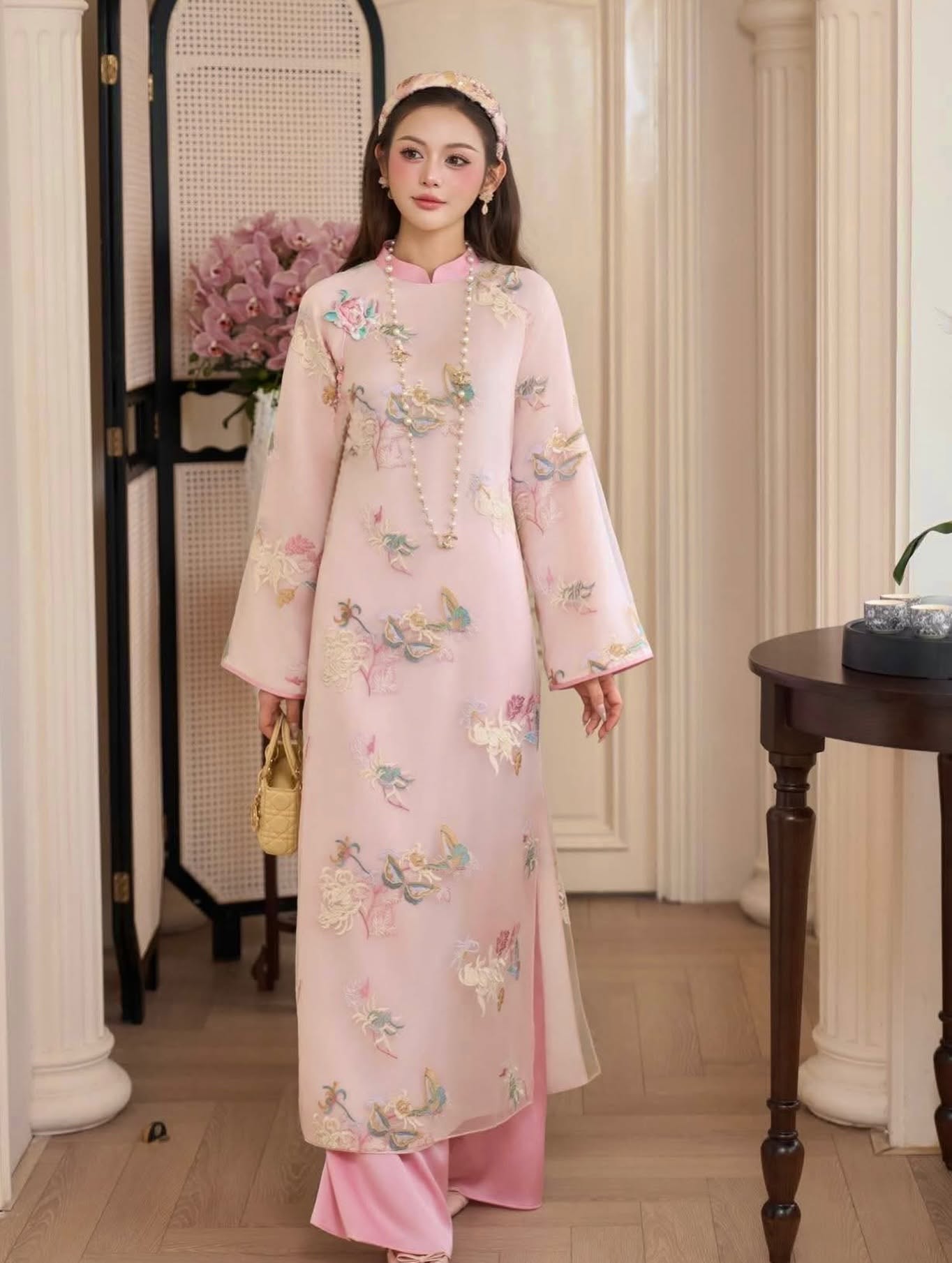 Hand-Embroidered Silk Ao Dai Set – Rose Pink