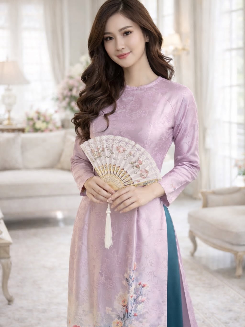 Kim Sa Phú Quý Floral Ao Dai Set – Light Purple