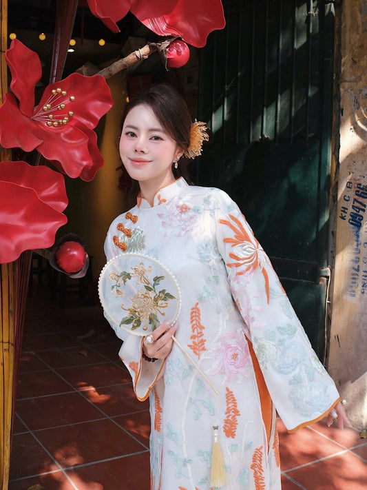 Modern 4-Panel (4 Tà) Ao Dai Set – Tangerine Orange