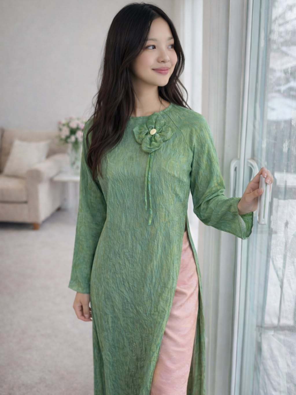 Modern Relaxed-Fit Tencel Silk Ao Dai Set – Olive Green