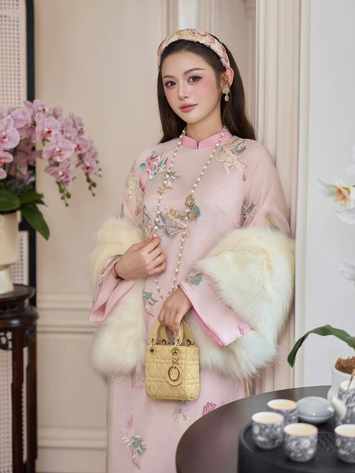 Hand-Embroidered Silk Ao Dai Set – Rose Pink