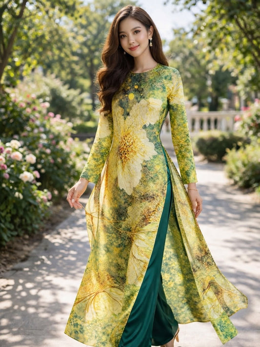 Kim Sa Phú Quý Floral Ao Dai Set – Emerald Green
