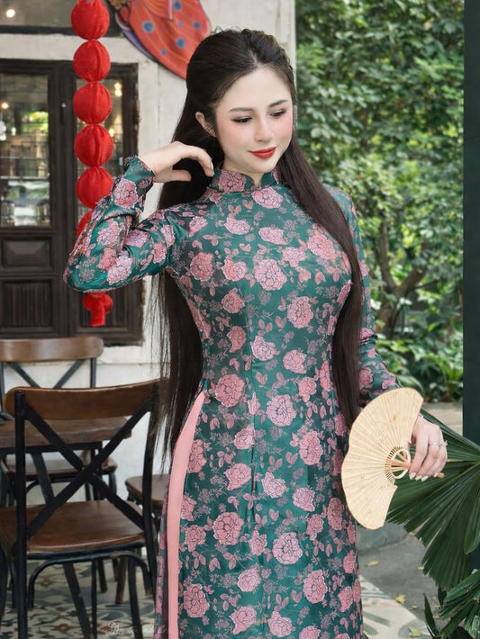 Embossed Floral Silk Ao Dai Set – Green & Pink