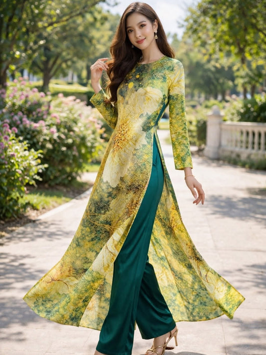 Kim Sa Phú Quý Floral Ao Dai Set – Emerald Green
