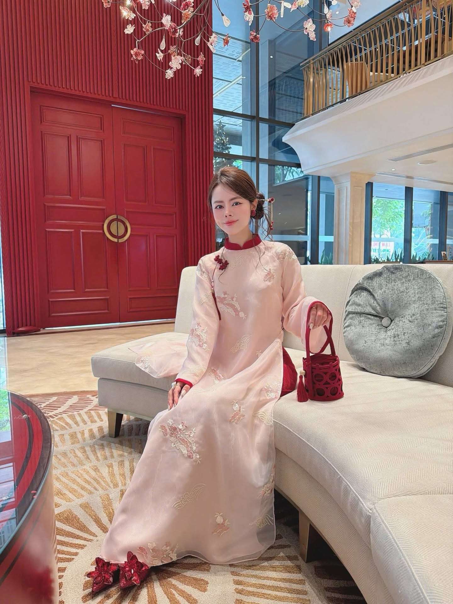 Hand-Embroidered Silk Ao Dai Set – Soft Blush Pink