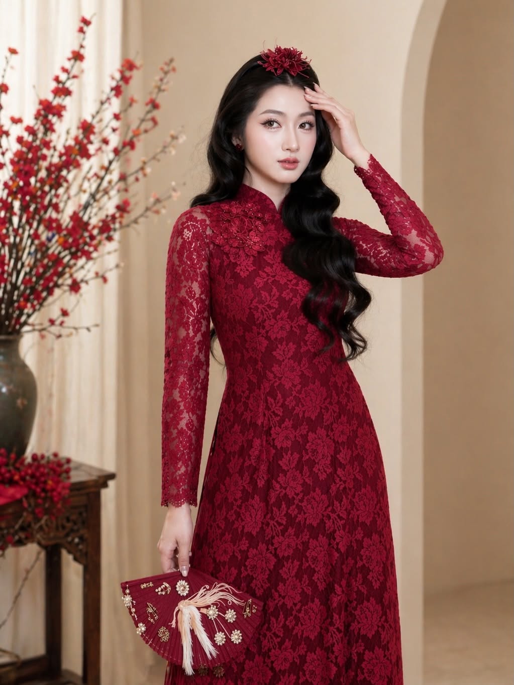 Lace Formal Ao Dai Set – Crimson Red