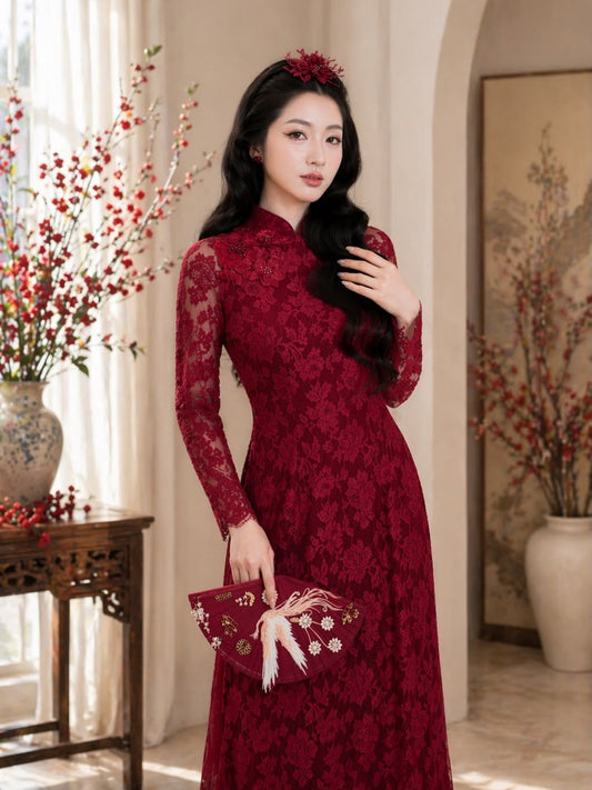 Lace Formal Ao Dai Set – Crimson Red