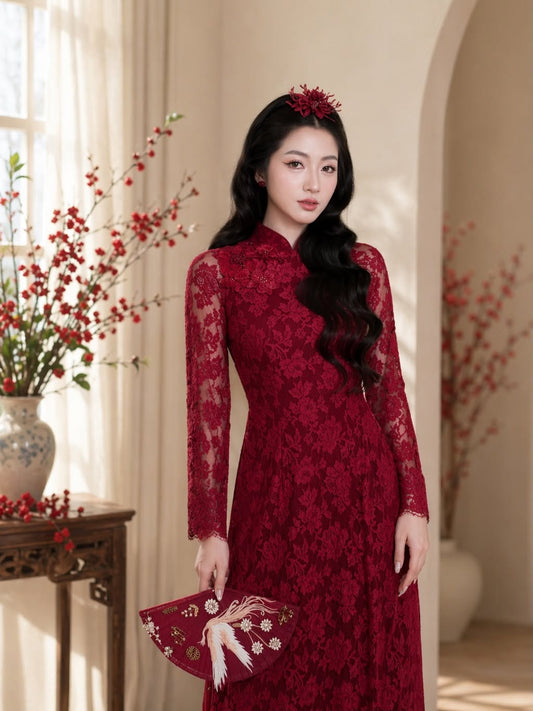 Lace Formal Ao Dai Set – Crimson Red