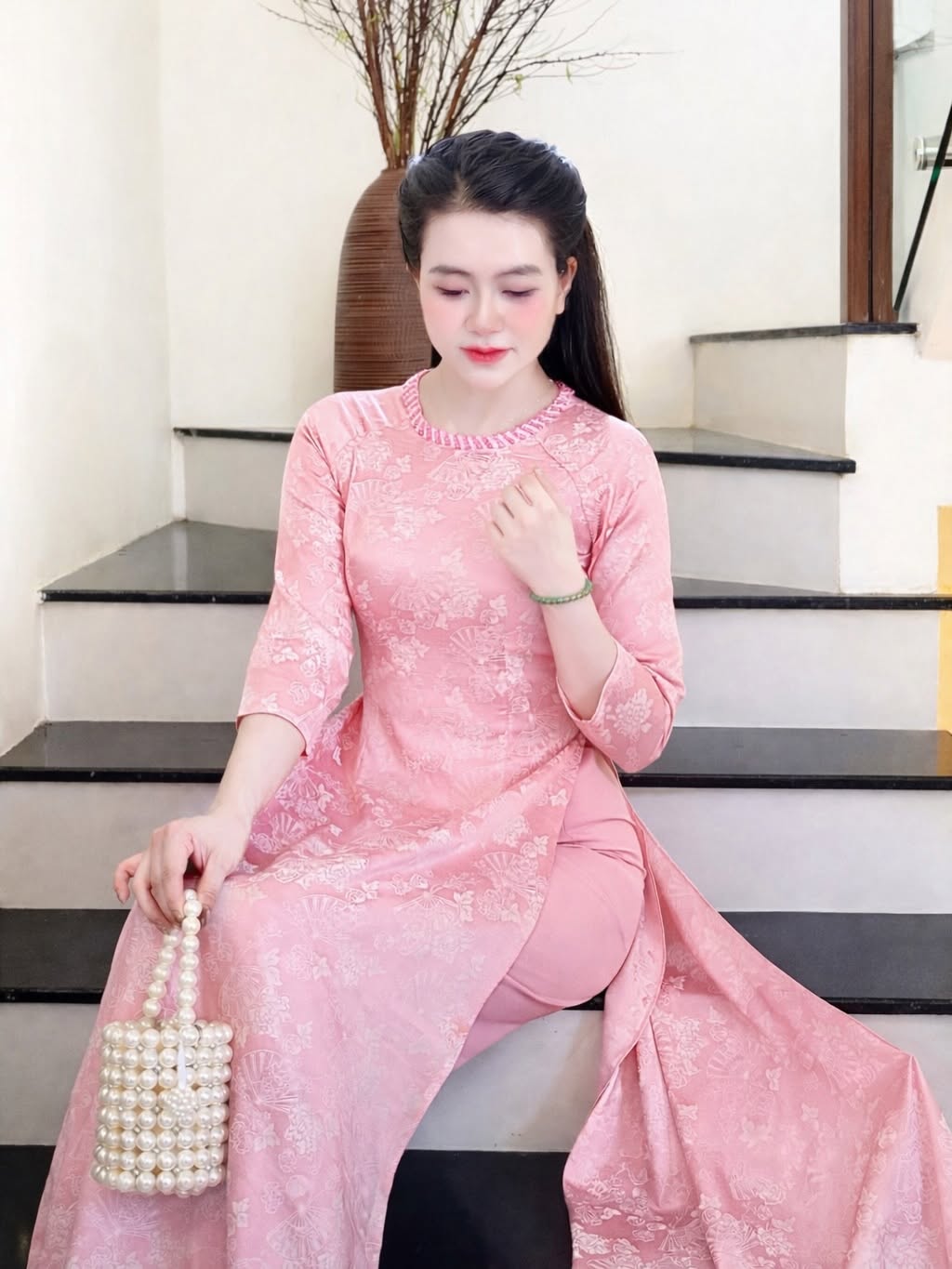 Traditional Silk Ao Dai Set – Soft Pink