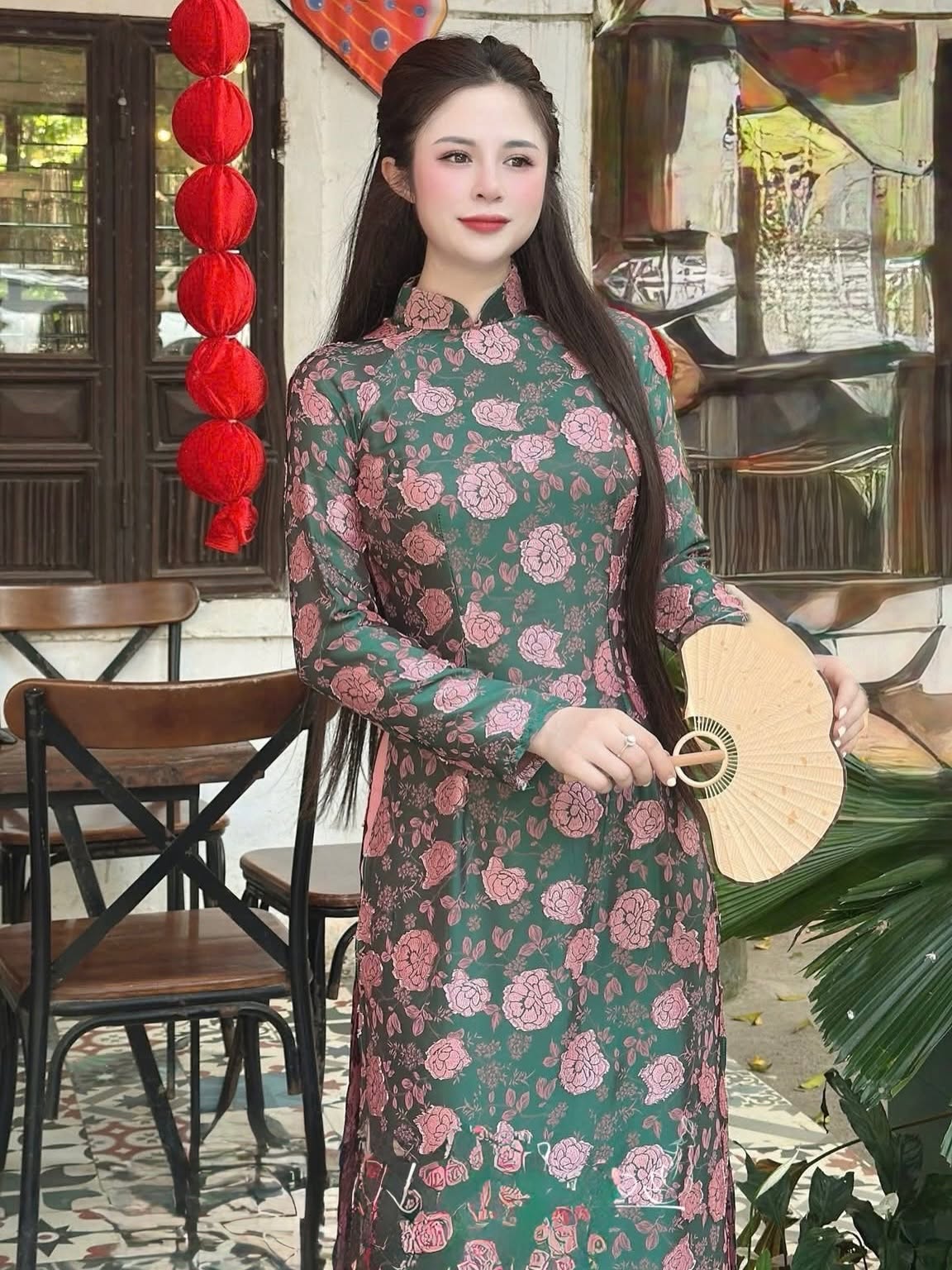 Embossed Floral Silk Ao Dai Set – Green & Pink