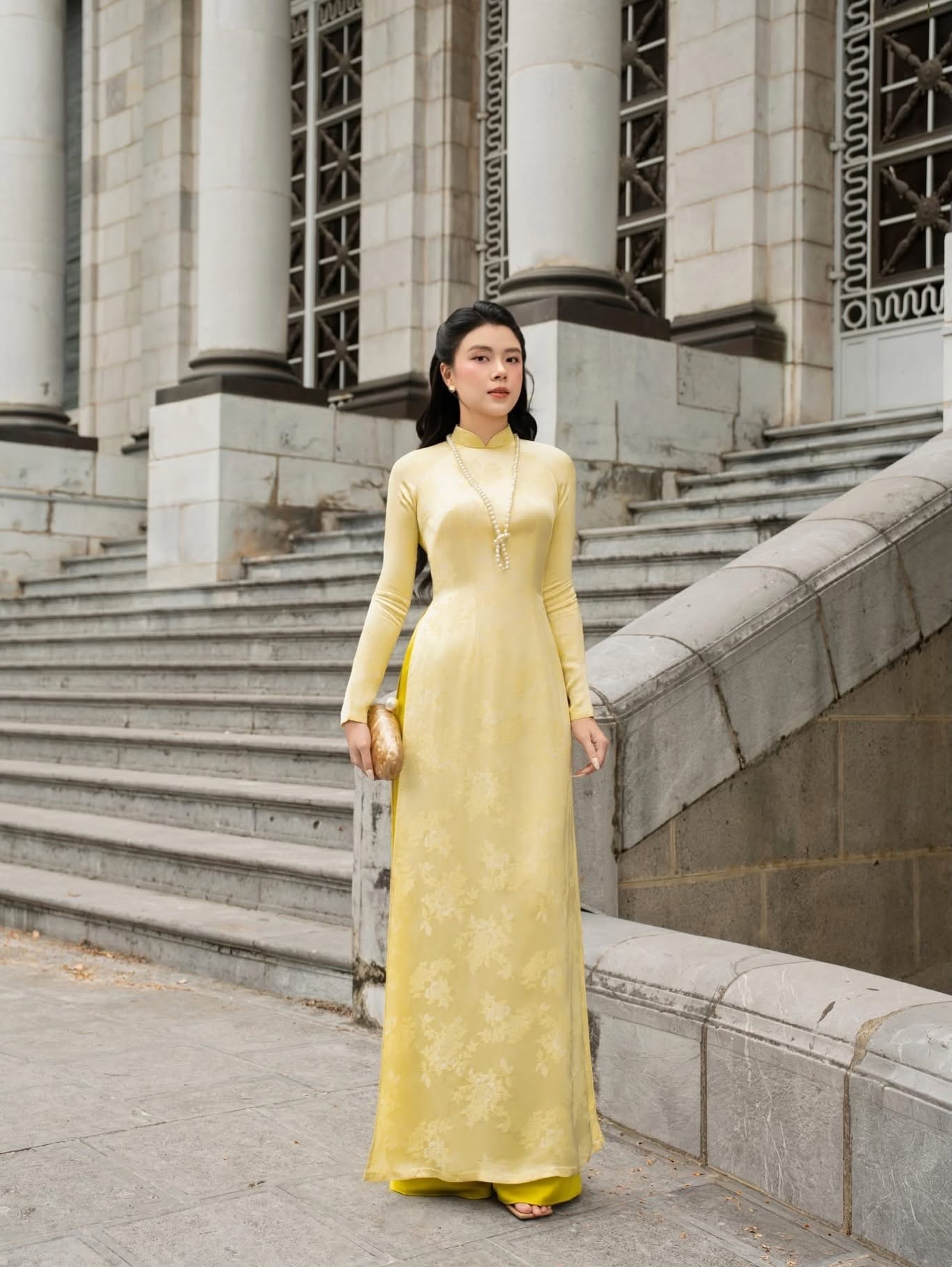 Brocade Silk Ao Dai Set – Soft Yellow
