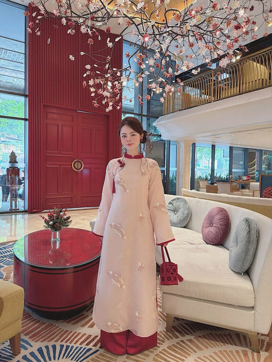 Hand-Embroidered Silk Ao Dai Set – Soft Blush Pink