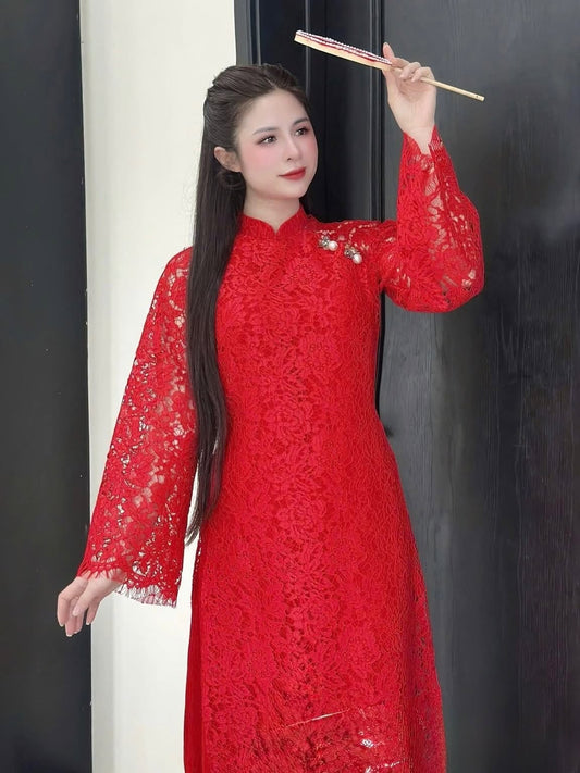 Lace Ao Dai Set with Shimmering Pants – Crimson Red & Pink