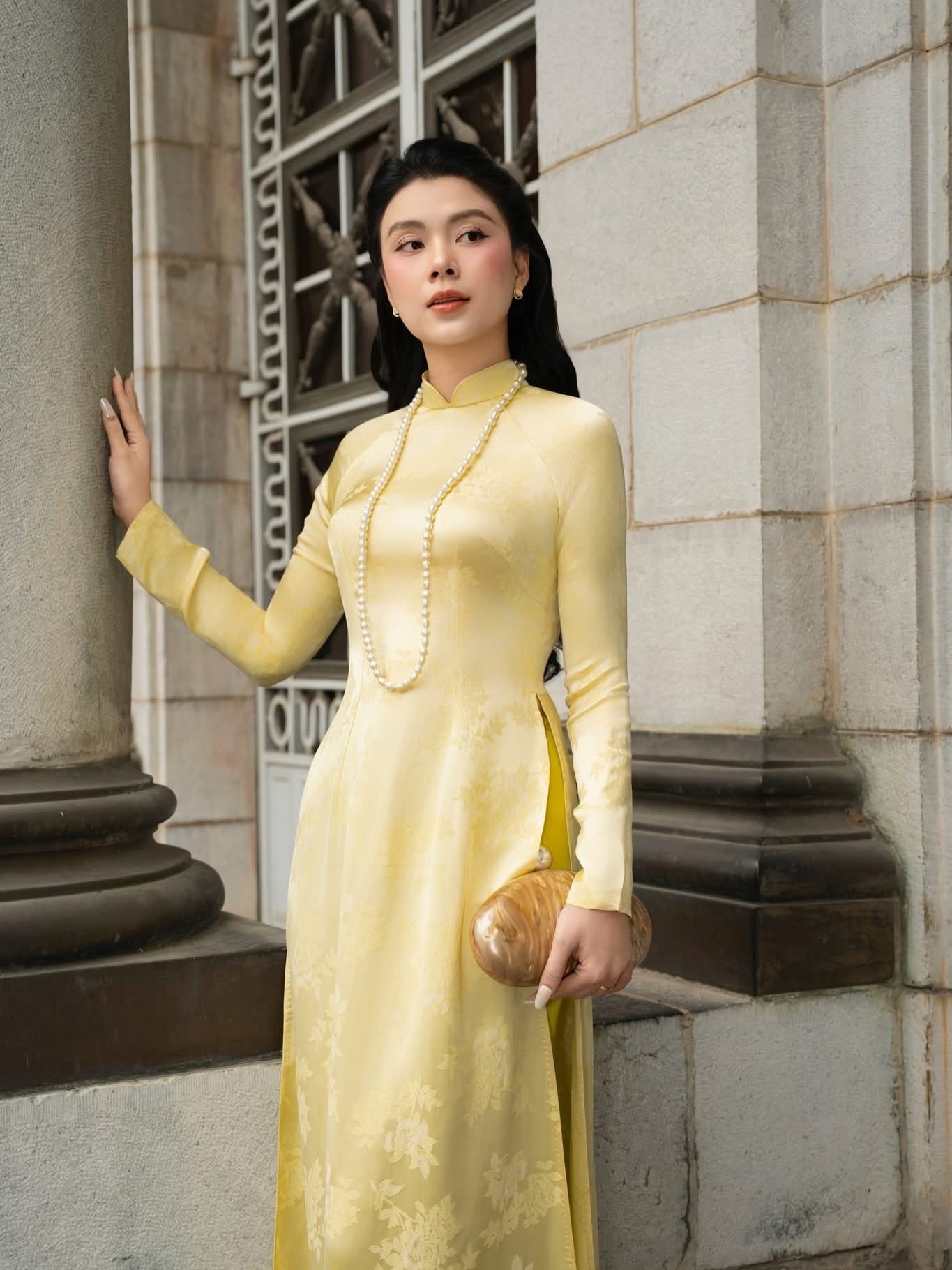 Brocade Silk Ao Dai Set – Soft Yellow