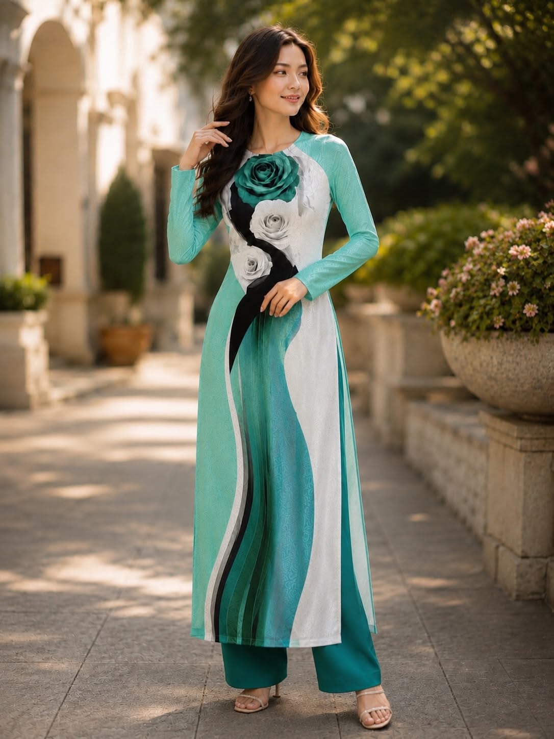 Floral Silk Ao Dai Set – Jade Green