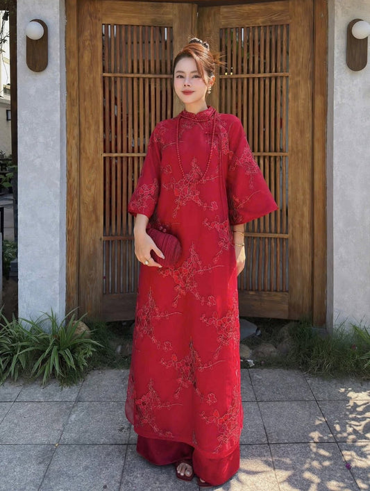 Modern 4-Panel (4 Tà) Silk Ao Dai Set – Burgundy Red