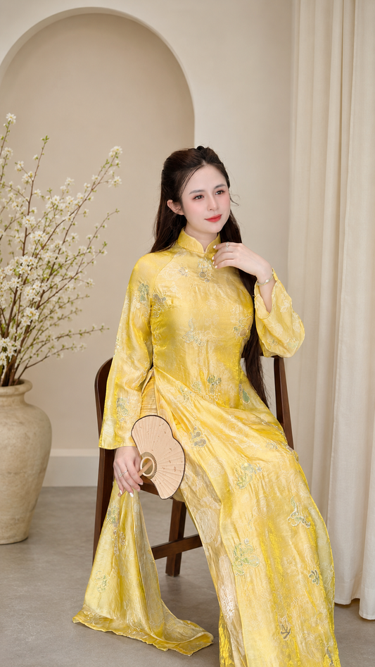 Modern Tencel áo dài with sequin embellishments - Yellow