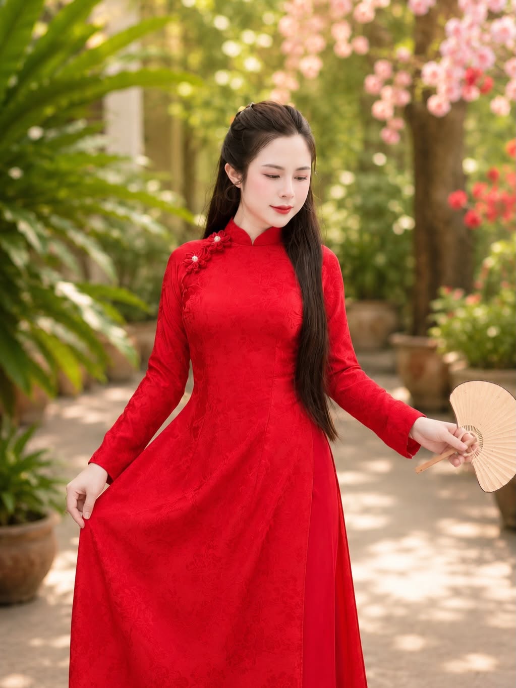 5D Silk Ao Dai Set – Crimson Red