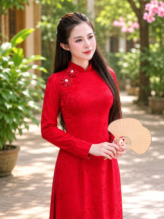 5D Silk Ao Dai Set – Crimson Red